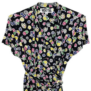 Vicky Tiel Midi Wrap Dress Size XL Black Colorful Floral Stretch Casual Career